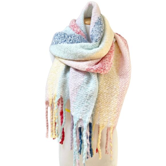 Renne's NYC Women's Soft Plush Scarf in Pastel Rainbow Rectangle Scarf w/ Fringe - Picture 1 of 10